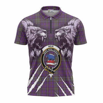 Weir Tartan Crest Zipper Polo Shirt Ferocious Lion Style