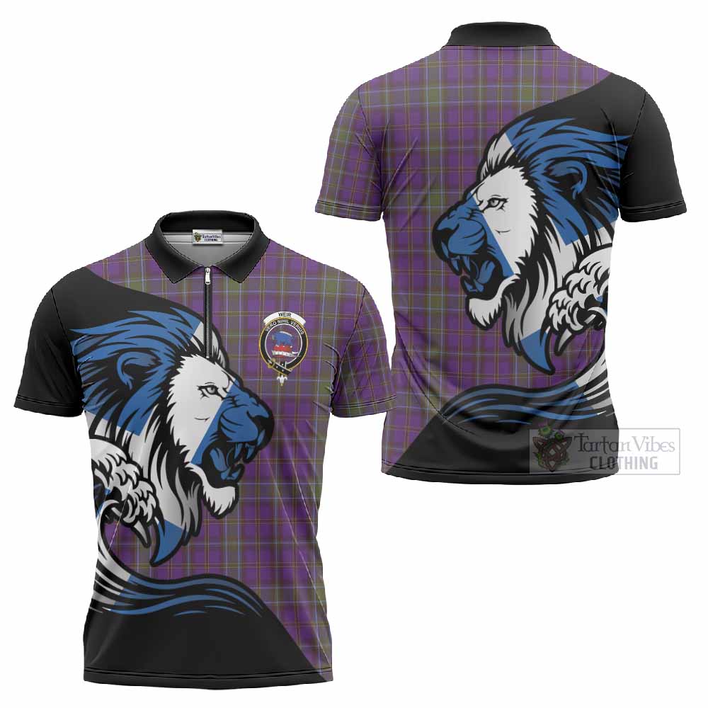 Weir Tartan Crest Zipper Polo Shirt Scottish Golden Lions Wave Flow