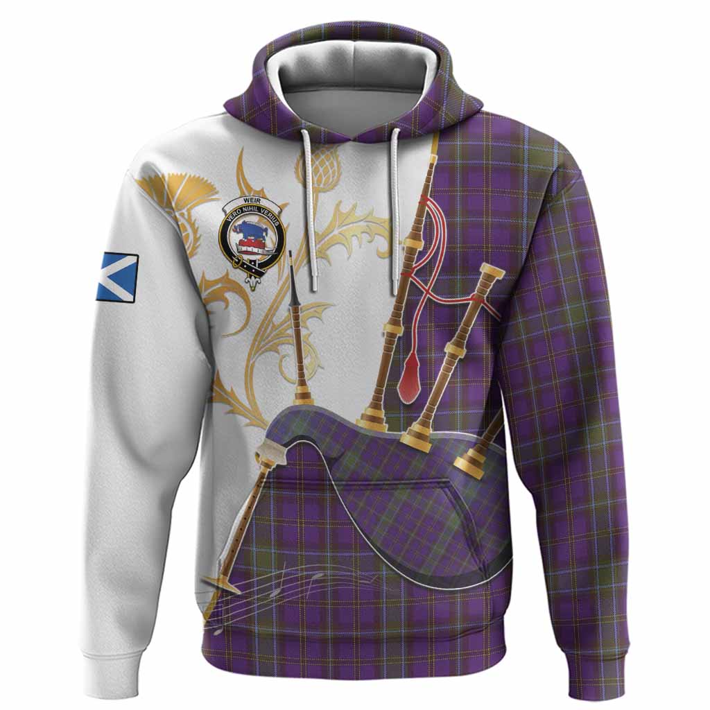 Weir Tartan Family Crest Hoodie Bagpipes with Scottish Thistle