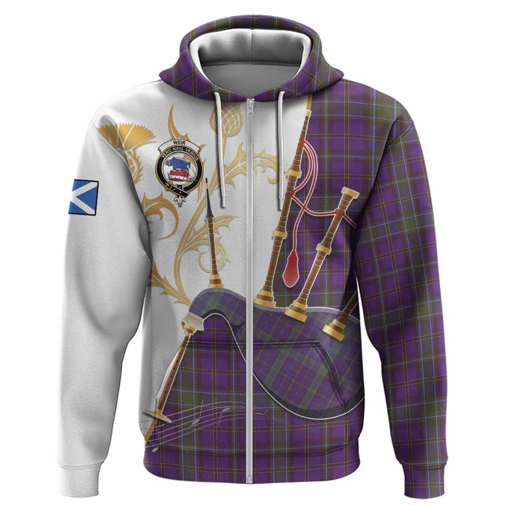 Weir Tartan Family Crest Hoodie Bagpipes with Scottish Thistle