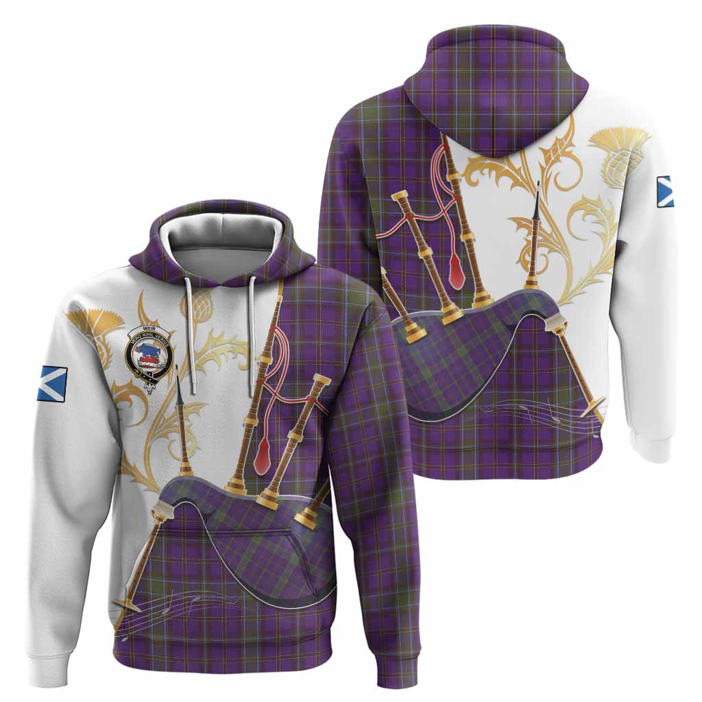 Weir Tartan Family Crest Hoodie Bagpipes with Scottish Thistle