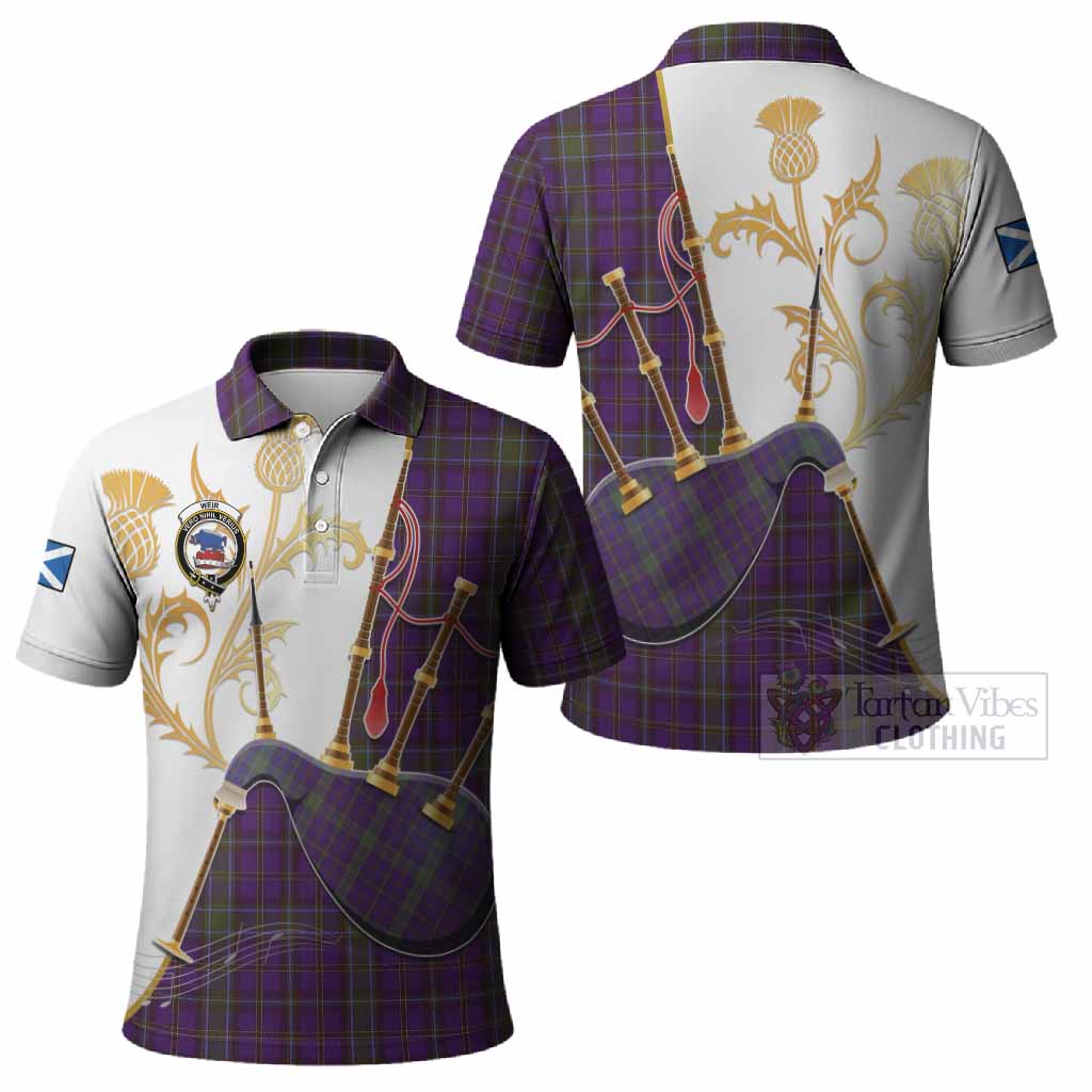 Weir Tartan Family Crest Polo Shirt Bagpipes with Scottish Thistle
