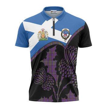 Weir Tartan Family Crest Zipper Polo Shirt Scotland Thistle Floral Flag Style