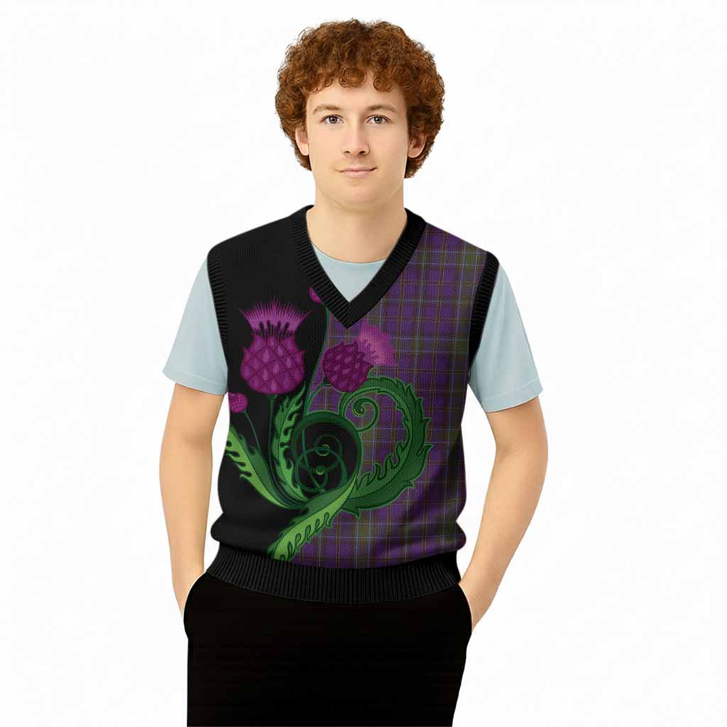 Weir Tartan Knitted V-Neck Vest Traditional Scottish Thistle