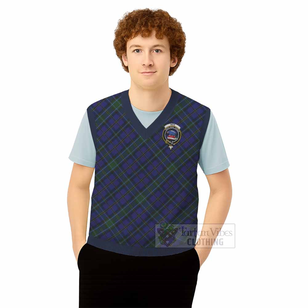 Weir Tartan Knitted V-Neck Vest with Family Crest Cross Style