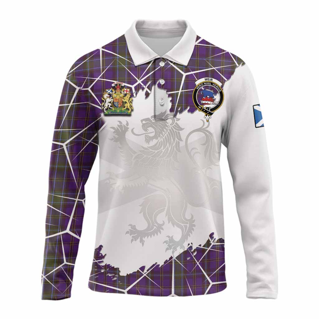 Weir Tartan Long Sleeve Polo Shirt with Family Crest and Lion Rampant Grunge Style