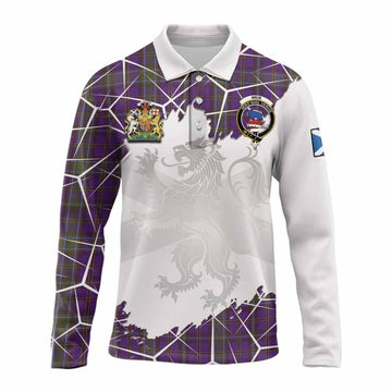 Weir Tartan Long Sleeve Polo Shirt with Family Crest and Lion Rampant Grunge Style