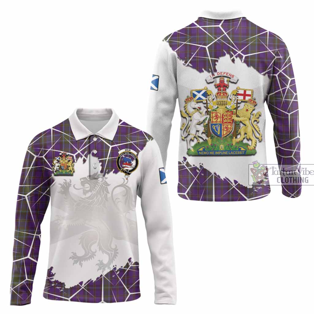 Weir Tartan Long Sleeve Polo Shirt with Family Crest and Lion Rampant Grunge Style