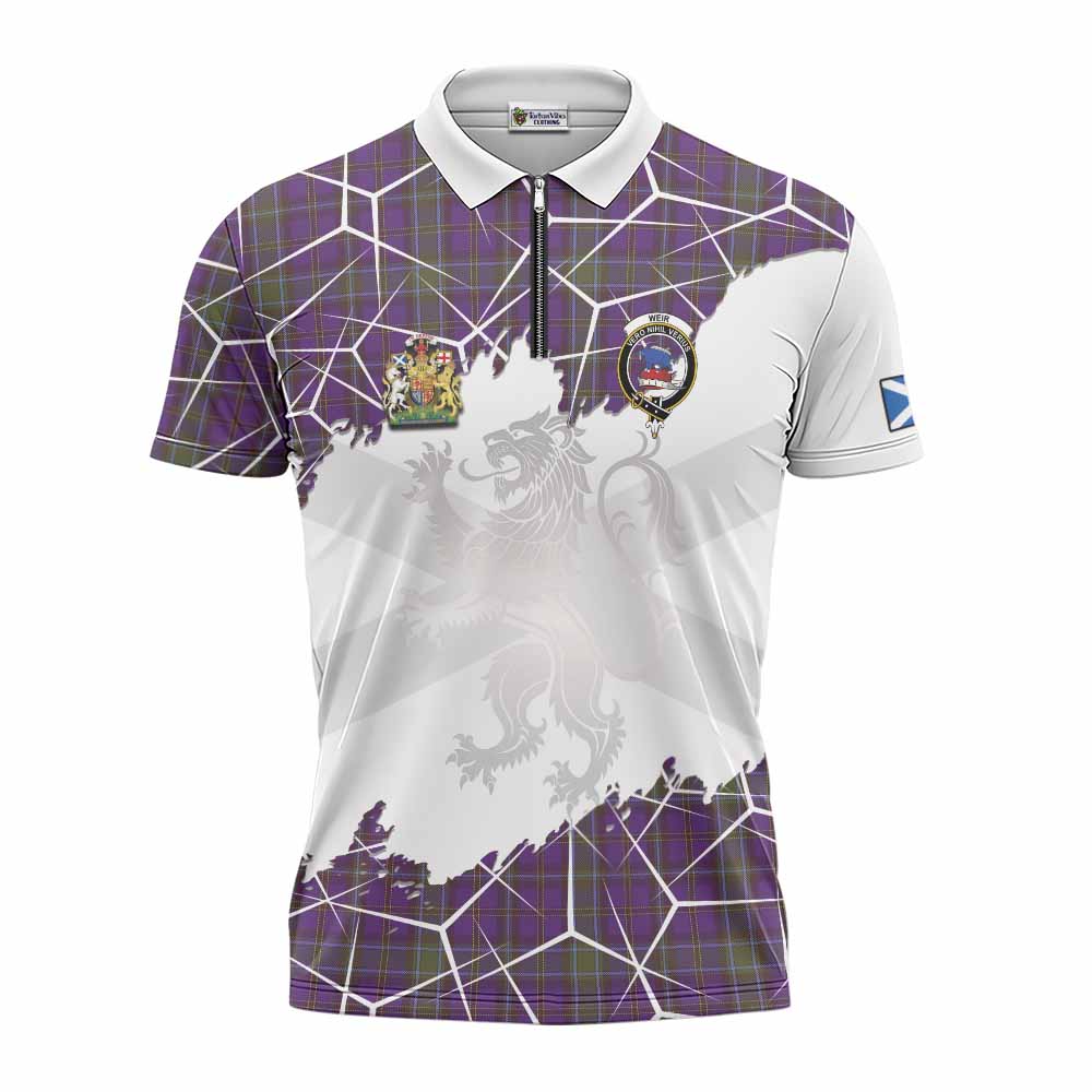 Weir Tartan Zipper Polo Shirt with Family Crest and Lion Rampant Grunge Style