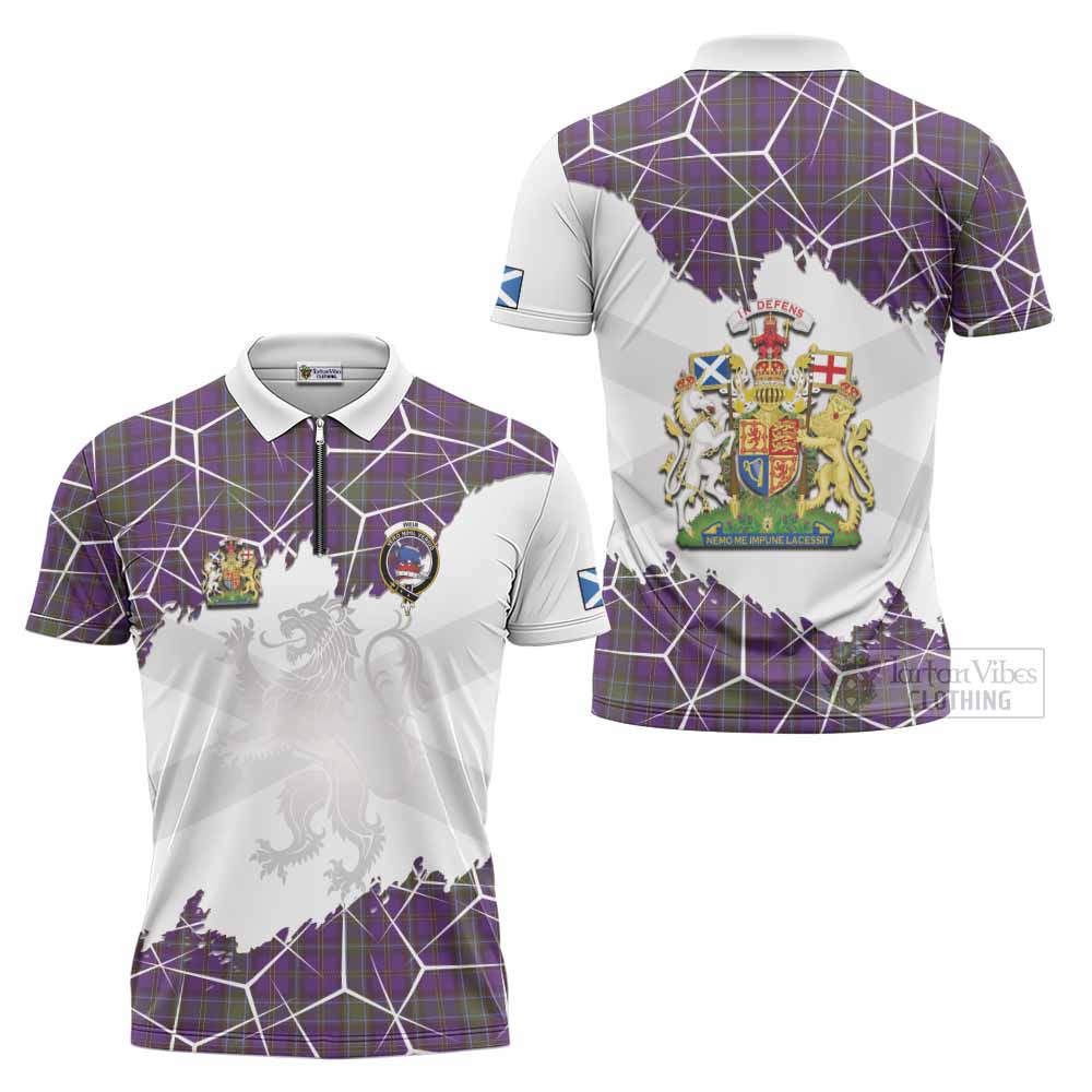 Weir Tartan Zipper Polo Shirt with Family Crest and Lion Rampant Grunge Style