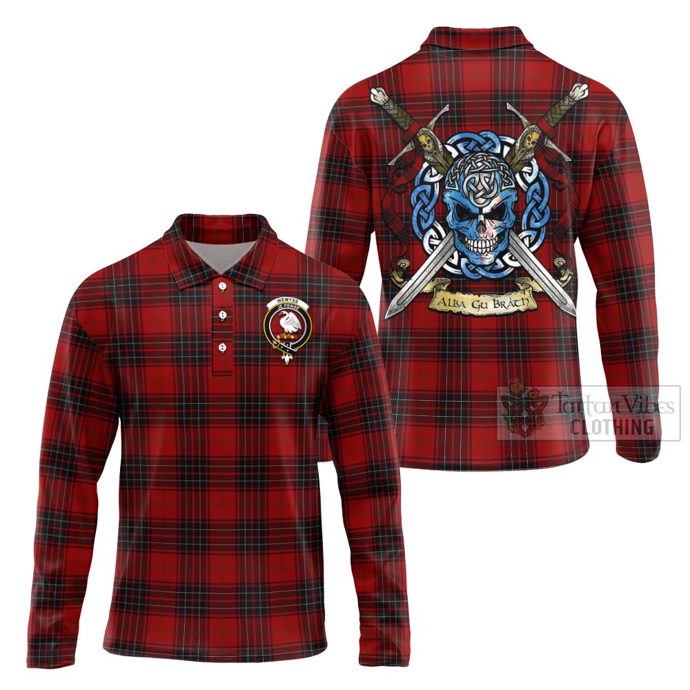 Tartan Vibes Clothing Wemyss Tartan Long Sleeve Polo Shirt with Family Crest Celtic Skull Style