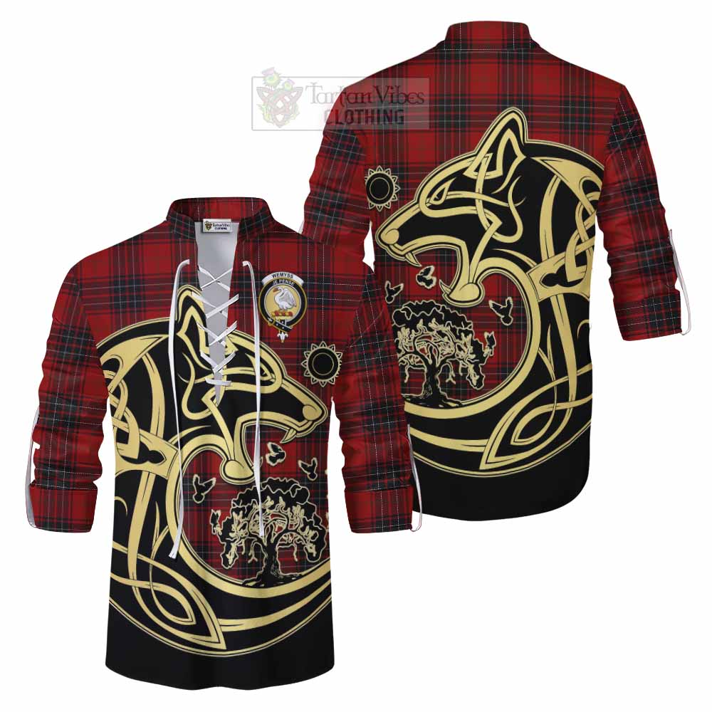 Tartan Vibes Clothing Wemyss Tartan Ghillie Kilt Shirt with Family Crest Celtic Wolf Style