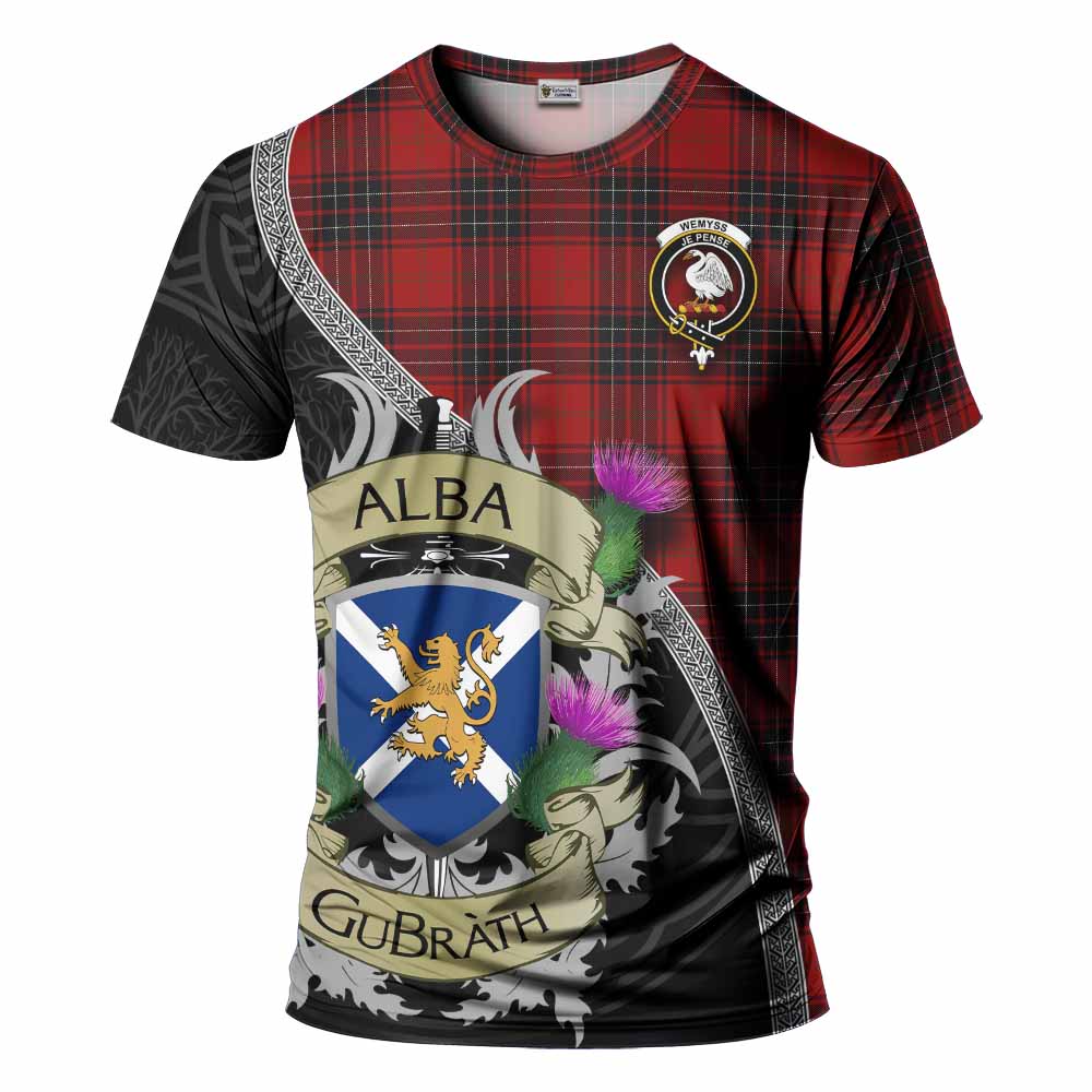 Tartan Vibes Clothing Wemyss Tartan Family Crest T-Shirt Lion Rampant Royal Thistle Shield Celtic Inspired