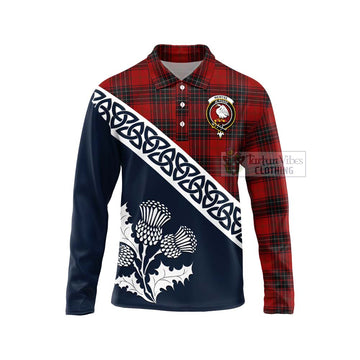 Wemyss Tartan Long Sleeve Polo Shirt Featuring Thistle and Scotland Map
