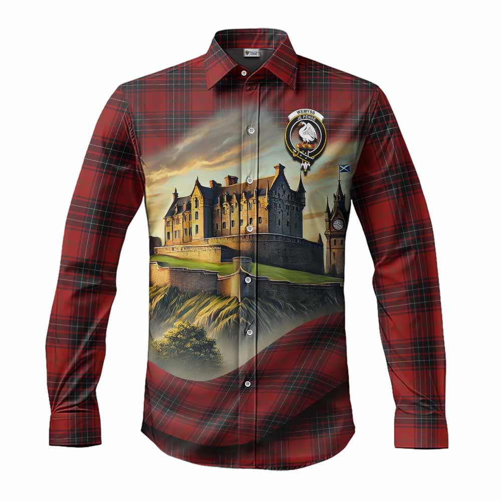 Tartan Vibes Clothing Wemyss Tartan Family Crest Long Sleeve Button Shirt with Scottish Ancient Castle Style