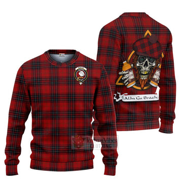 Wemyss Tartan Ugly Sweater with Family Crest and Bearded Skull Holding Bottles of Whiskey
