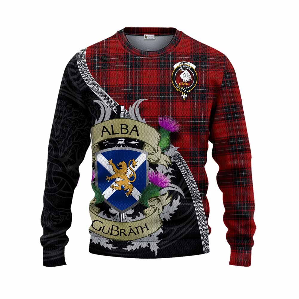 Tartan Vibes Clothing Wemyss Tartan Family Crest Knitted Sweater Lion Rampant Royal Thistle Shield Celtic Inspired