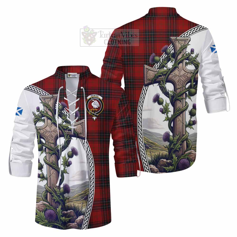 Tartan Vibes Clothing Wemyss Tartan Ghillie Kilt Shirt with Family Crest and St. Andrew's Cross Accented by Thistle Vines