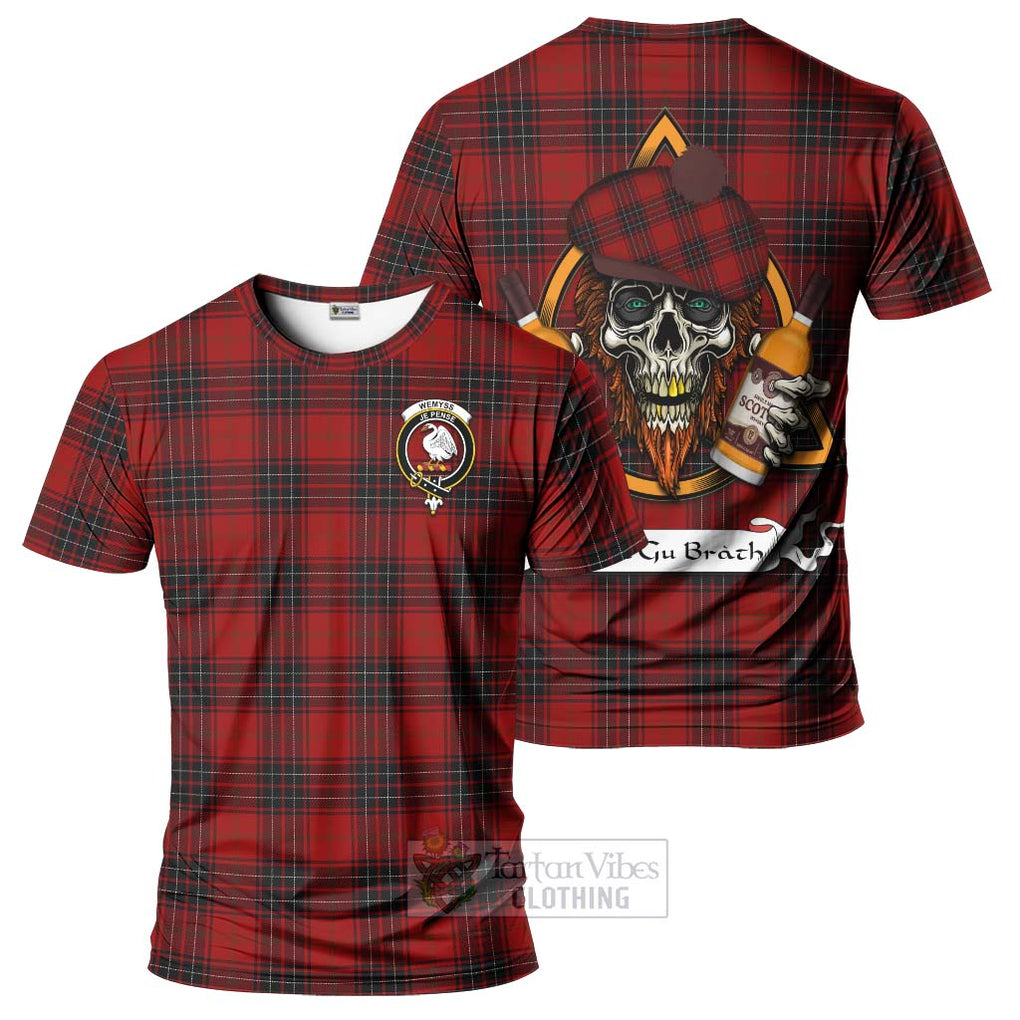 Tartan Vibes Clothing Wemyss Tartan T-Shirt with Family Crest and Bearded Skull Holding Bottles of Whiskey