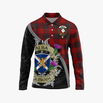 Wemyss Tartan Family Crest Long Sleeve Polo Shirt Lion Rampant Royal Thistle Shield Celtic Inspired