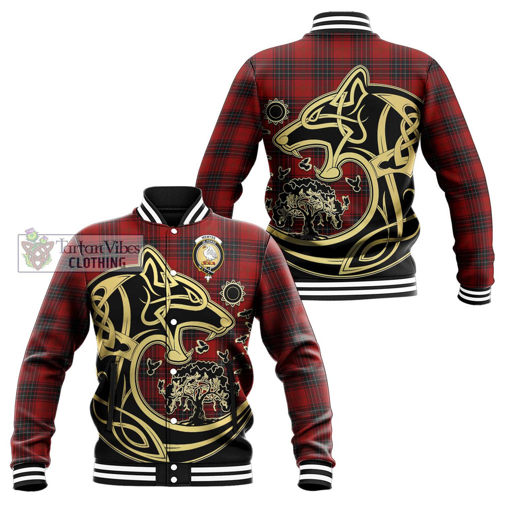 Wemyss Tartan Baseball Jacket with Family Crest Celtic Wolf Style Unisex - Tartan Vibes Clothing