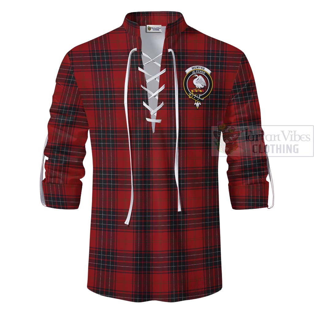 Tartan Vibes Clothing Wemyss Tartan Ghillie Kilt Shirt with Family Crest and Bearded Skull Holding Bottles of Whiskey