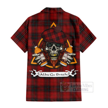 Wemyss Tartan Hawaiian Shirt with Family Crest and Bearded Skull Holding Bottles of Whiskey