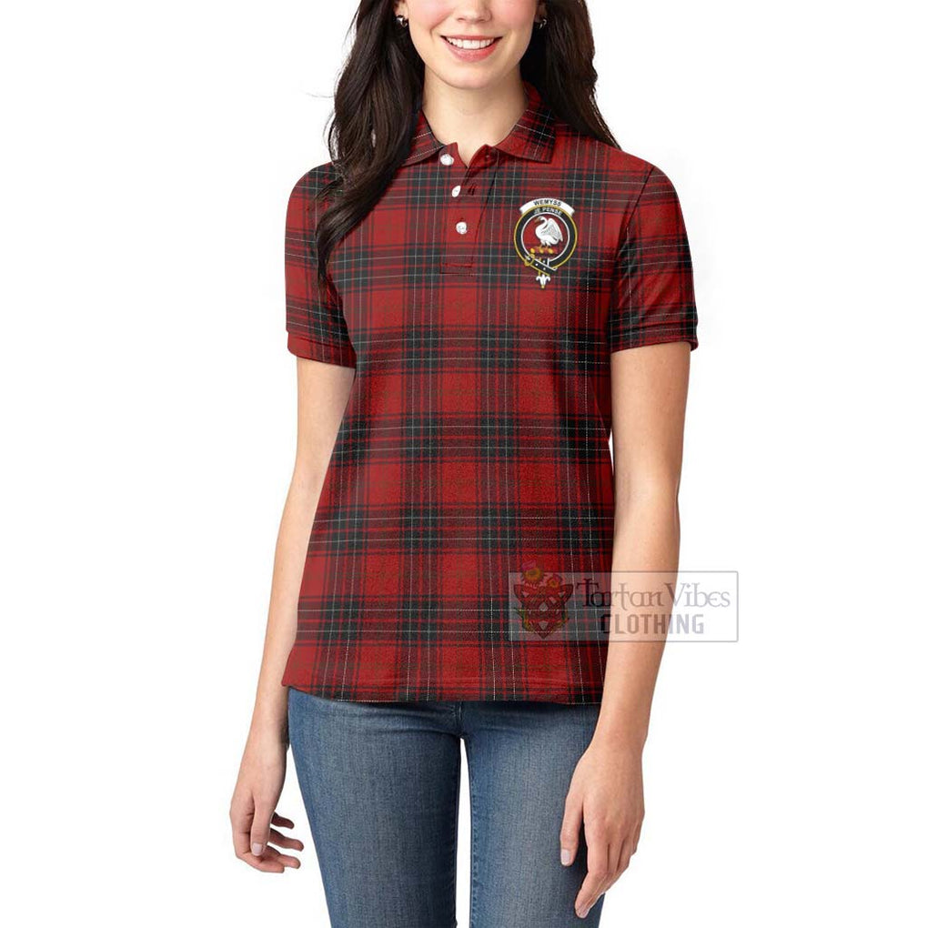 Tartan Vibes Clothing Wemyss Tartan Women's Polo Shirt with Family Crest and Bearded Skull Holding Bottles of Whiskey