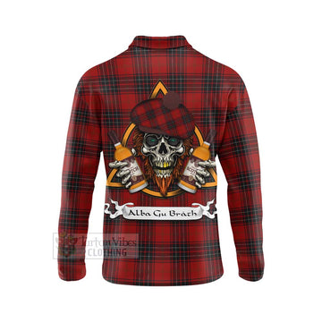 Wemyss Tartan Long Sleeve Polo Shirt with Family Crest and Bearded Skull Holding Bottles of Whiskey