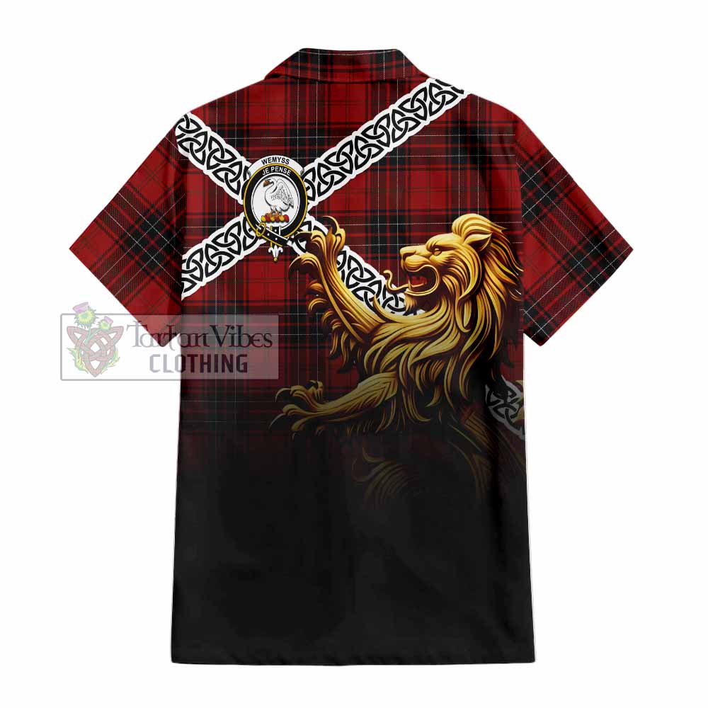 Tartan Vibes Clothing Wemyss Crest Tartan Short Sleeve Button Shirt with Golden Lion Emblem Celtic Style