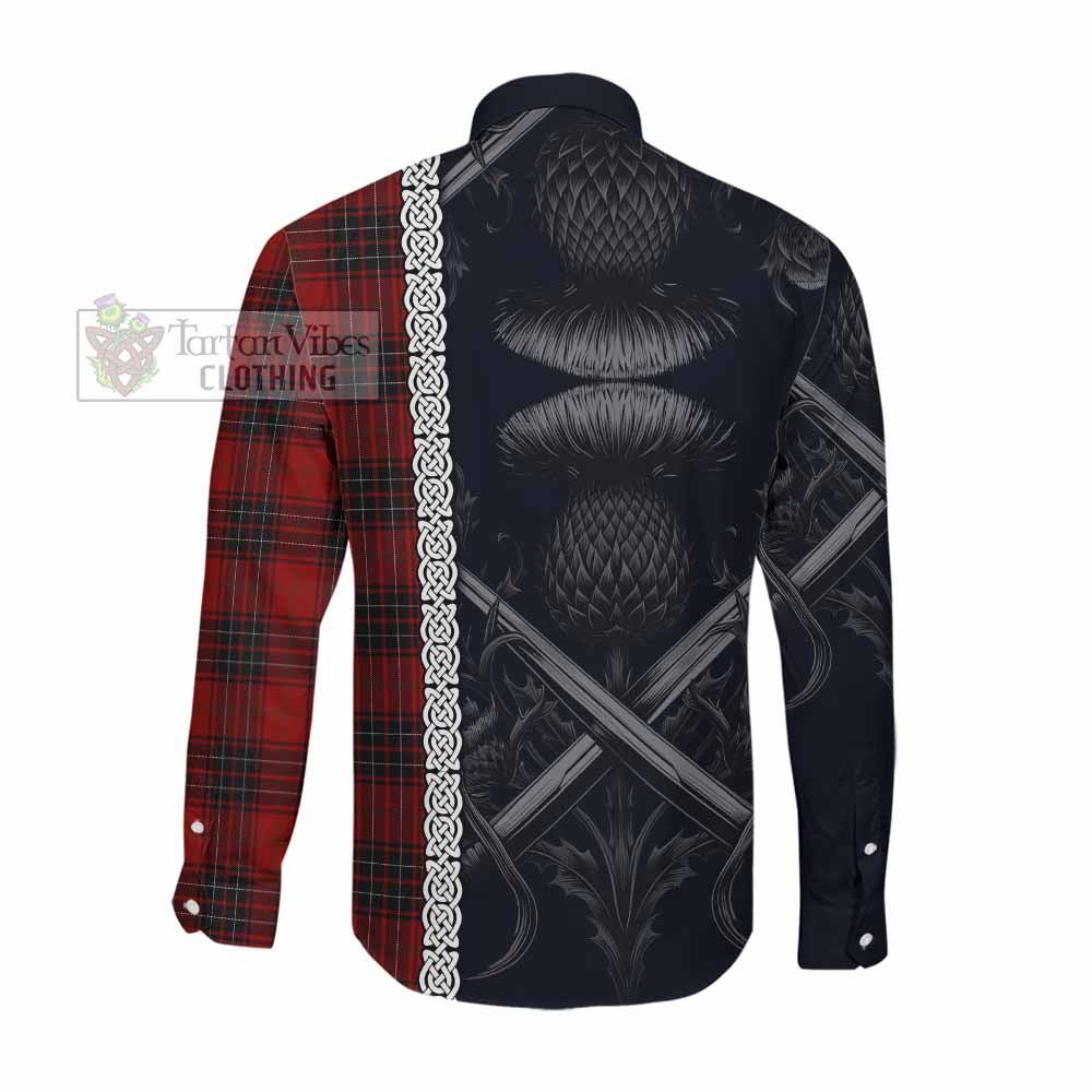 Tartan Vibes Clothing Wemyss Tartan Long Sleeve Button Shirt with Family Crest Cross Sword Thistle Celtic Vibes