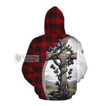 Wemyss Tartan Cotton Hoodie with Family Crest and St. Andrew's Cross Accented by Thistle Vines