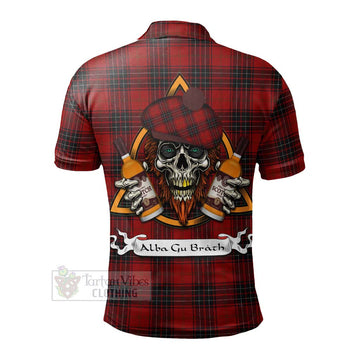 Tartan Vibes Clothing Wemyss Tartan Polo Shirt with Family Crest and Bearded Skull Holding Bottles of Whiskey