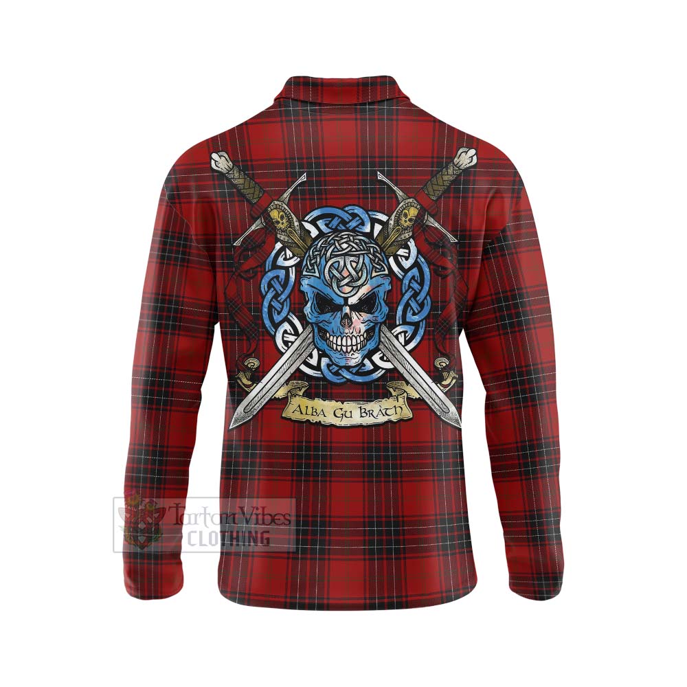 Tartan Vibes Clothing Wemyss Tartan Long Sleeve Polo Shirt with Family Crest Celtic Skull Style
