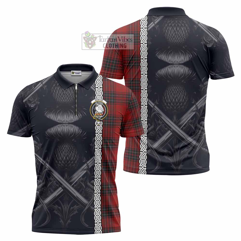 Tartan Vibes Clothing Wemyss Tartan Zipper Polo Shirt with Family Crest Cross Sword Thistle Celtic Vibes