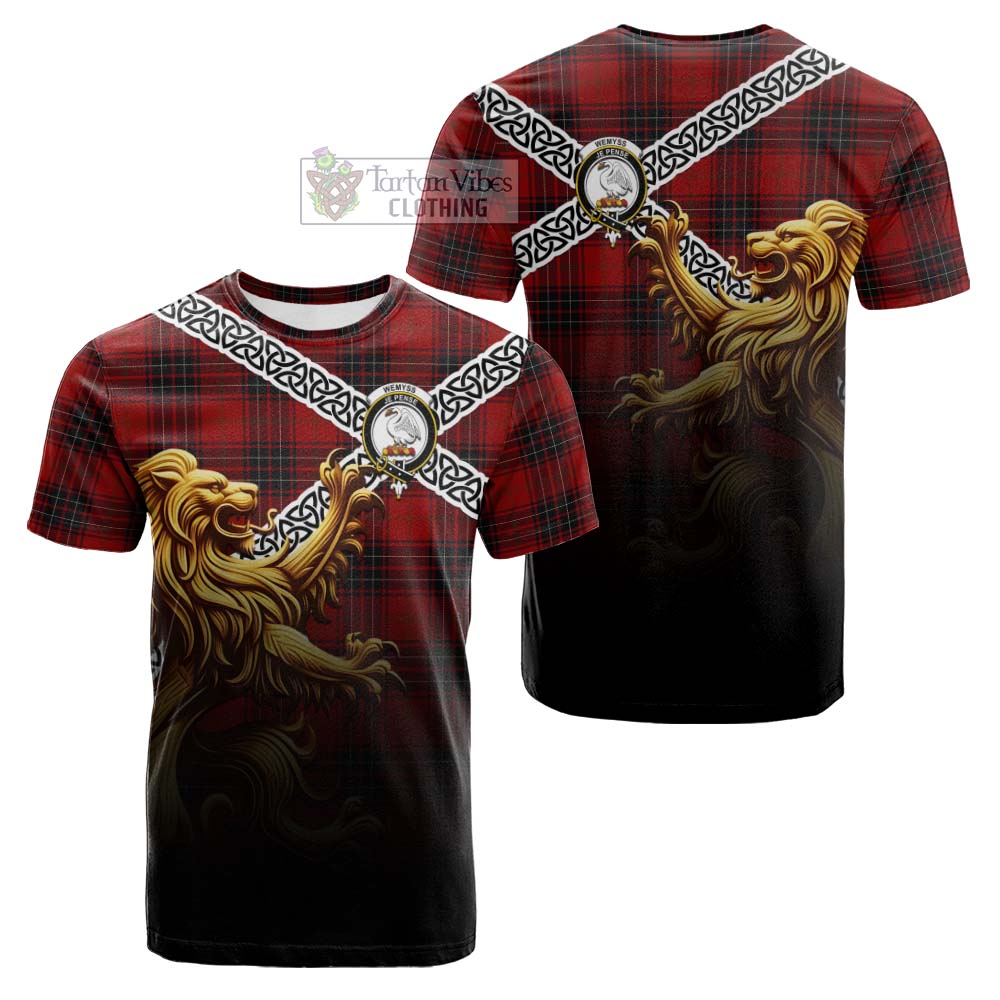 Tartan Vibes Clothing Wemyss Crest Tartan Cotton T-shirt with Golden Lion Emblem Celtic Style