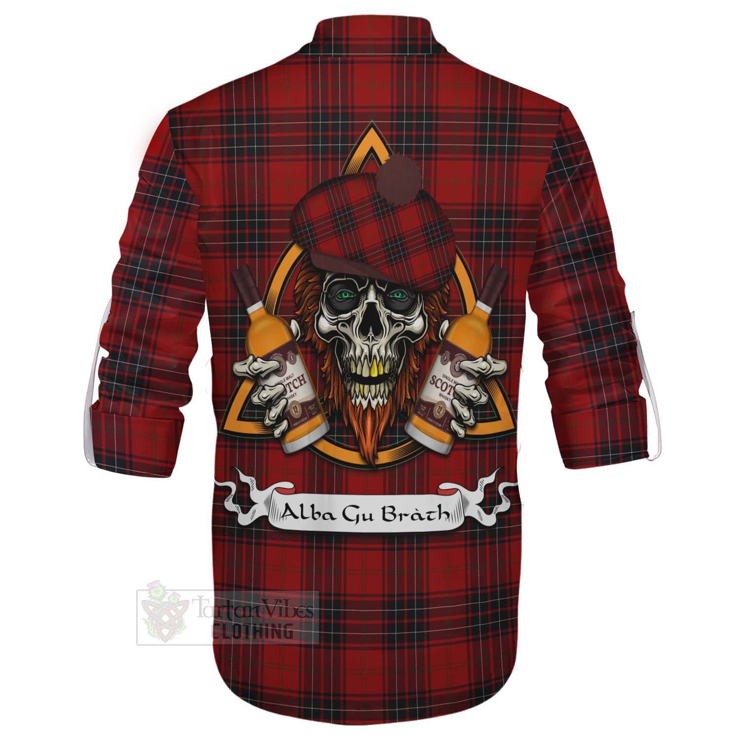 Tartan Vibes Clothing Wemyss Tartan Ghillie Kilt Shirt with Family Crest and Bearded Skull Holding Bottles of Whiskey