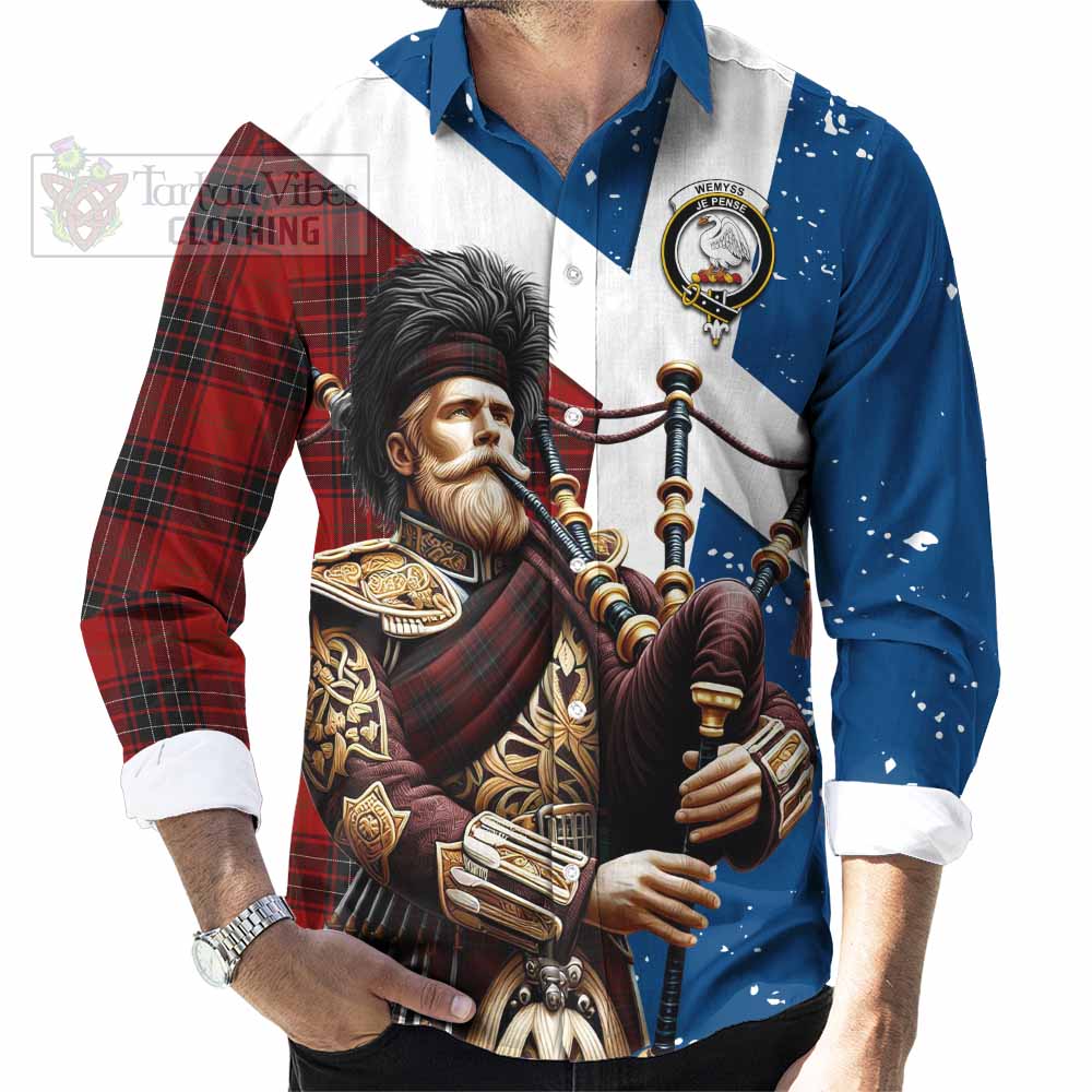 Tartan Vibes Clothing Wemyss Tartan Long Sleeve Button Shirt with Family Crest Scottish Bagpiper Vibes