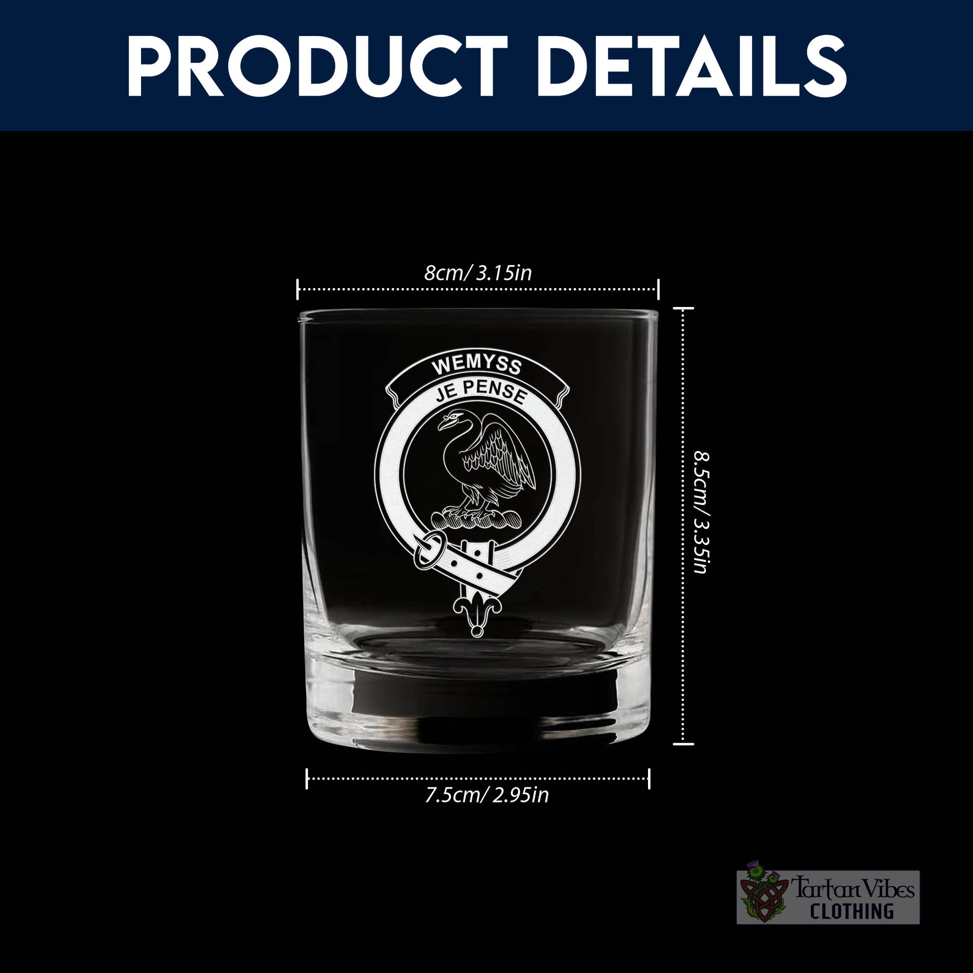 Tartan Vibes Clothing Wemyss Family Crest Engraved Whiskey Glass with Handle