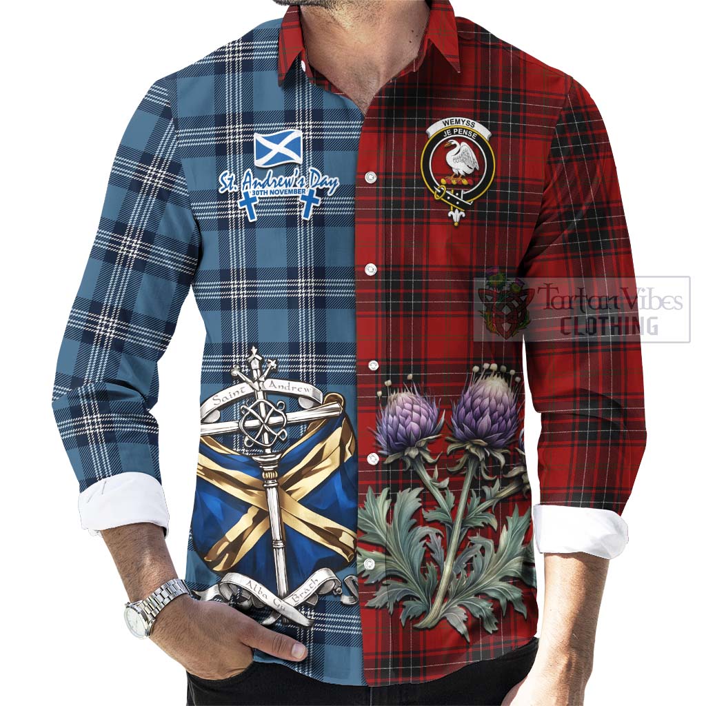 Tartan Vibes Clothing Wemyss Tartan Long Sleeve Button Shirt Happy St. Andrew's Day Half Tartan Style