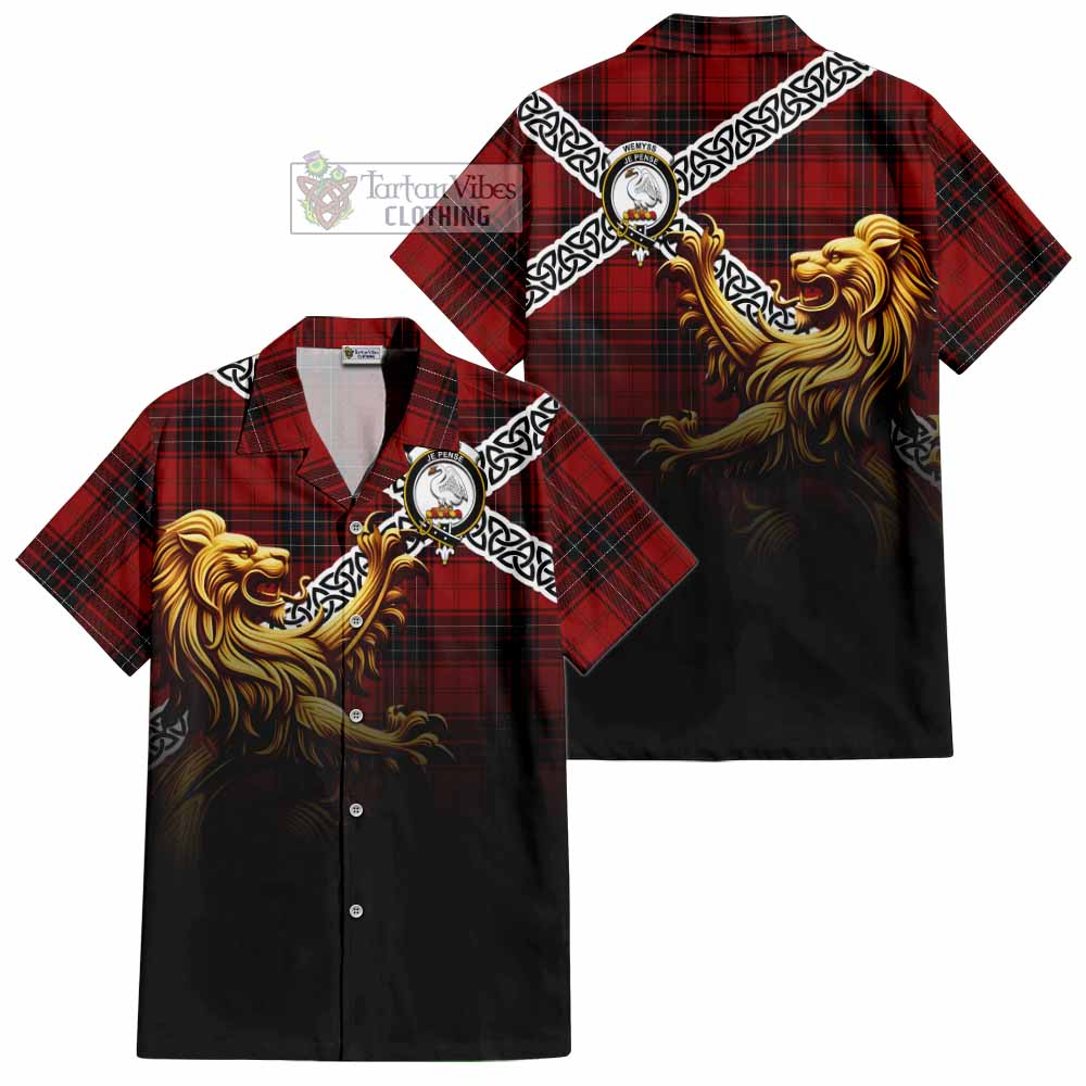 Tartan Vibes Clothing Wemyss Crest Tartan Short Sleeve Button Shirt with Golden Lion Emblem Celtic Style