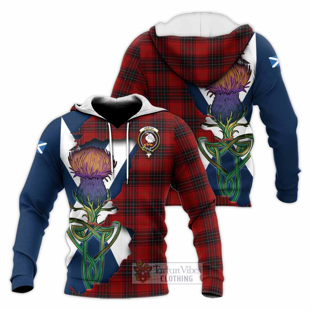 Tartan Vibes Clothing Wemyss Tartan Family Crest Knitted Hoodie Scottish Thistle Celtic Inspired