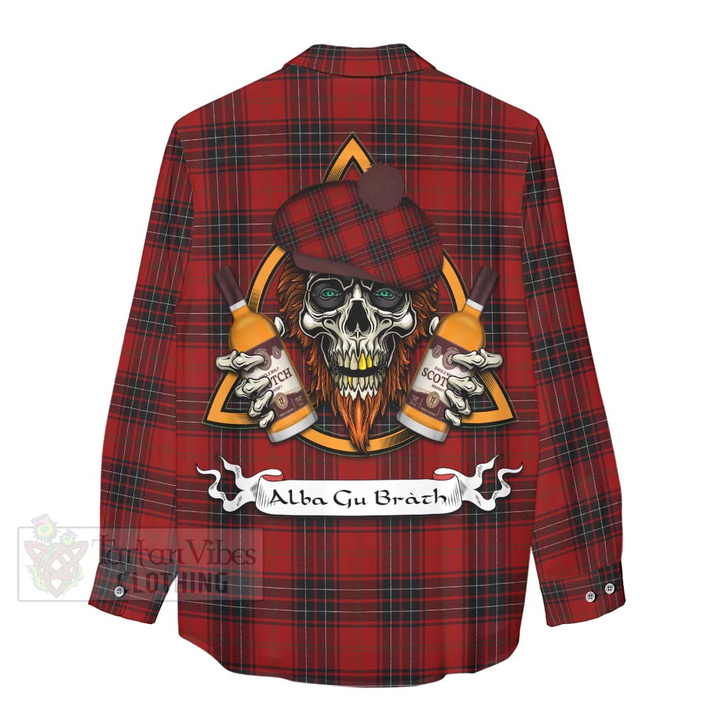 Tartan Vibes Clothing Wemyss Tartan Women's Casual Shirt with Family Crest and Bearded Skull Holding Bottles of Whiskey