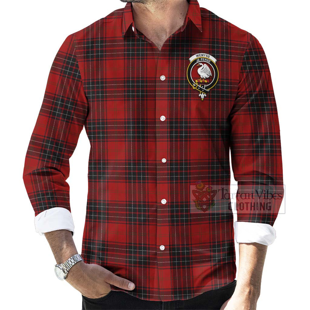 Tartan Vibes Clothing Wemyss Tartan Long Sleeve Button Shirt with Family Crest and Bearded Skull Holding Bottles of Whiskey