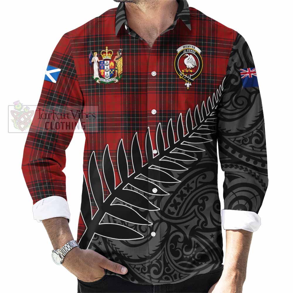 Tartan Vibes Clothing Wemyss Crest Tartan Long Sleeve Button Shirt with New Zealand Silver Fern Half Style