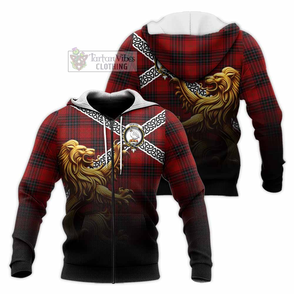 Tartan Vibes Clothing Wemyss Crest Tartan Knitted Hoodie with Golden Lion Emblem Celtic Style