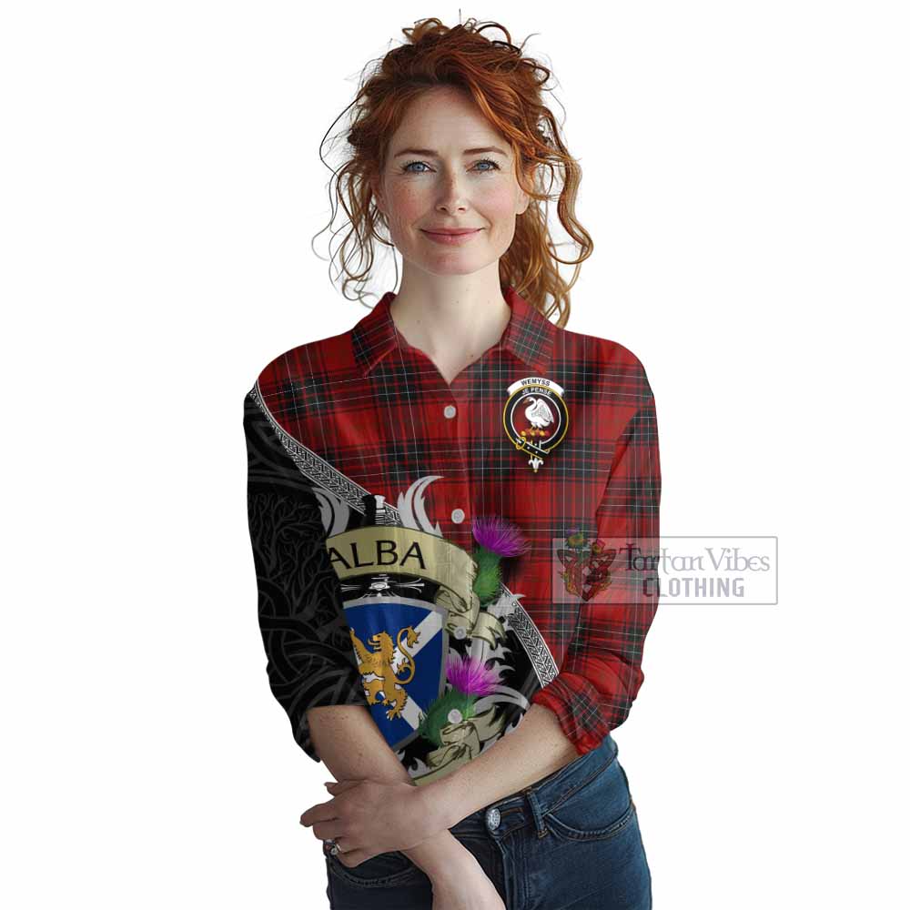 Tartan Vibes Clothing Wemyss Tartan Family Crest Women's Casual Shirt Lion Rampant Royal Thistle Shield Celtic Inspired