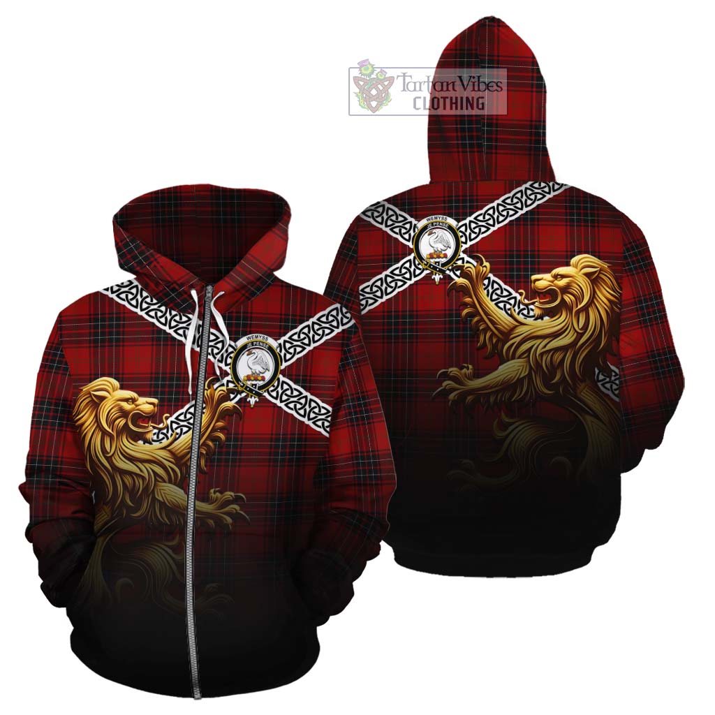 Tartan Vibes Clothing Wemyss Crest Tartan Cotton Hoodie with Golden Lion Emblem Celtic Style