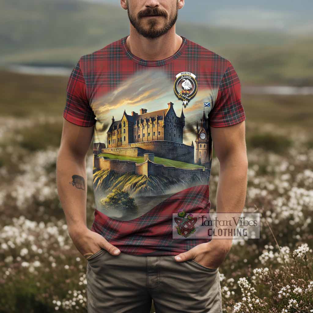Tartan Vibes Clothing Wemyss Tartan Family Crest T-Shirt with Scottish Ancient Castle Stype