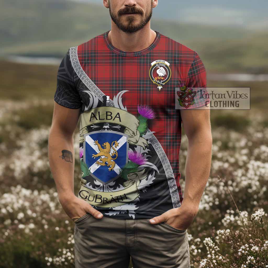 Tartan Vibes Clothing Wemyss Tartan Family Crest T-Shirt Lion Rampant Royal Thistle Shield Celtic Inspired